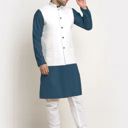 KRAFT INDIA Mandarin Collar Straight Kurta With Pyjama And Nehru Jacket-12