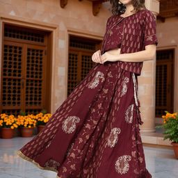 Pannkh Foil Printed Round Neck Top With Flared Maxi Skirt & Shrug Co-Ords-picture-12