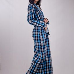 CLYMAA Blue Wool Blend Maxi Checked Nightdress-picture-15