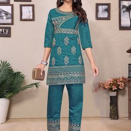 NANDKASHI Floral Embroidered Straight Sequinned Kurta With Palazzos-53