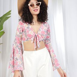 TANDUL Women Floral Print Bell Sleeves Tie Up Details Georgette Crop Top-image-19