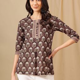 HERE&NOW Women Floral Printed A-Line Cotton Longline Top-image-9