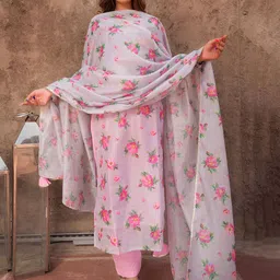AMRUTVARSHA CREATION Floral Printed Pure Cotton Straight Kurta With Trousers & Dupatta-31