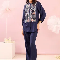 MISRI Embroidered Mandarin Neck Shirt With Trousers Co-Ords-image-66