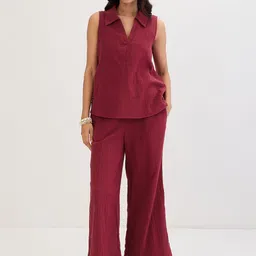 FEMMELLA Pure Cotton Shirt Collar Top With Trousers Co-Ords Set-picture-17