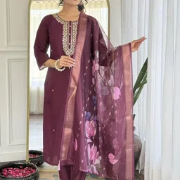 CaniBani Women Maroon Embroidered Viscose Rayon Kurta With Trousers & Dupatta Set-7