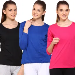 Pack of 3 Women Solid Round Neck Cotton Blend Blue, Black, Pink T-Shirt-image-22
