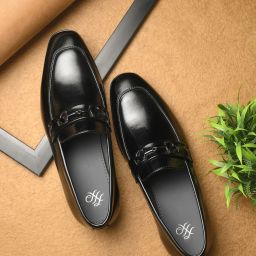 House of Pataudi Men Black Faux Leather Formal Slip On Loafers Slip On For Women-image-1