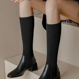 Alamode By Akanksha Women Lia Knee High Trendy Sock Leather Boots-46