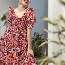 Miss Chase Floral Print Puff Sleeve Georgette Fit & Flare Maxi Dress-image-69