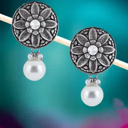 Sangria Pearls Beaded Oxidised Circular Drop Earrings-12