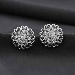 VOJ Floral Stainless Steel Silver Plated American Diamond Studded Floral Shaped Studs-17