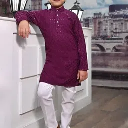 Qtsy Boys Ethnic Motifs Embroidered Regular Mirror Work Pure Cotton Kurta with Pyjamas-7