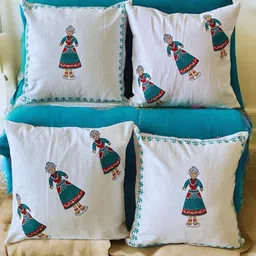 PLAYFUL STITCHES White & Blue Set of 4 Ethnic Motifs Square Cushion Covers-47