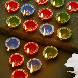 TIED RIBBONS 18-Pcs Red & Blue Terracotta Oil Diya-12
