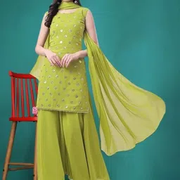 PARROT CREATION Geometric Embroidered Sequinned Georgette Kurti with Sharara And Dupatta-1
