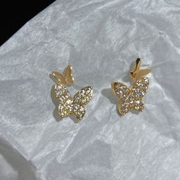 KRENOZ Gold-Plated Stainless Steel Glitter Zircon Crystal Butterfly Shaped Studs-26