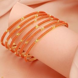 Anouk Women Set of 12 Gold Plated & Orange Beads Studded Bangles-picture-11