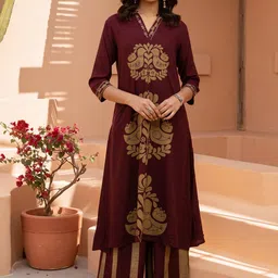 Nehamta Floral Printed V-Neck Beads & Stones Straight Kurta With Palazzos-picture-35