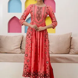 RAABA Ethnic Motifs Printed Pleated Mirror Work A-Line Kurta-picture-14