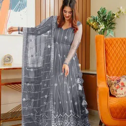 JULEE Embellished Sweetheart Neck Gown Dress With Duppatta-image-3