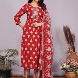 Rangita Women Ethnic Motifs Embroidered Regular Thread Work Chanderi Silk Kurta with Trousers & With Dupatta-12