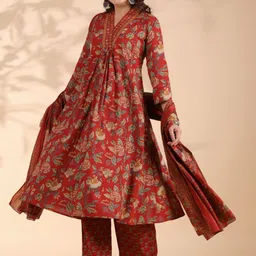 KALINI Floral Printed Mirror Work Pure Cotton A-Line Kurta With Palazzo And Dupatta-picture-30