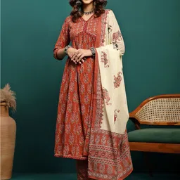 BANDIA Women Floral Printed Empire Mirror Work Pure Cotton Kurta with Trousers & Dupatta-picture-53
