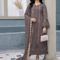 Peachmode Silk Georgette Brown Embroidered Semi-Stitched Dress Material-picture-19