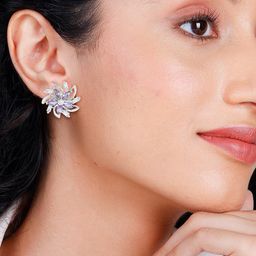 PRIVIU Silver-Plated American Diamond Studded Floral Shaped Studs-image-30
