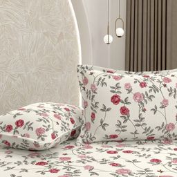 Pure Decor White & Red Floral Printed 350 TC Queen Bedsheet Set 2.28m X 2.54m-image-13