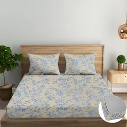 Trance Home Linen Blue Floral 210 TC Cotton Fitted Queen Bedsheet Set 1.98m x 1.22m-18