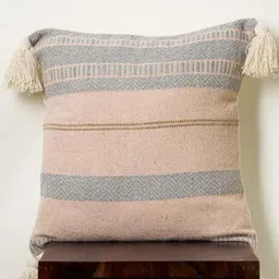 Aura Peach And Grey Striped Textured Square Cotton Cushion Covers-55