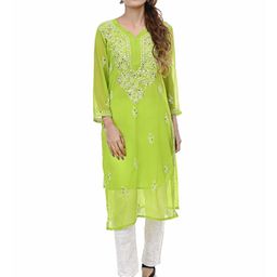 BEAUTY CHIKAN HANDICRAFTS Floral Embroidered V-Neck Mirror Work Georgette Kurta-image-93