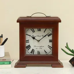 vedas White & Brown Square Shaped Silent Non Ticking Small Table Clock-image-59