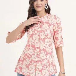 Chandbaali Women Floral Print Mandarin Collar Roll-Up Sleeves Ethnic Shirt Style Top-image-56