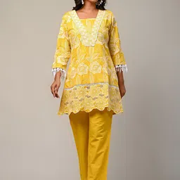 Indo Era Women Floral Embroidered Regular Thread Work Pure Cotton Kurta with Trousers-picture-20