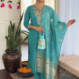 KALINI Floral Embroidered V-Neck Kurta With Trousers & Dupatta-15
