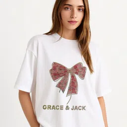 GRACE & JACK Bow Print Printed Embellished Round Neck Cotton Oversized T-shirt-image-11