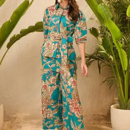 IMANA Floral Printed Shirt Collared Top With Trousers Co-Ords-5