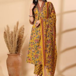 Shangri LA MS Designs Women Floral Printed Empire Mirror Work Pure Cotton Kurta with Trousers & With Dupatta-picture-46
