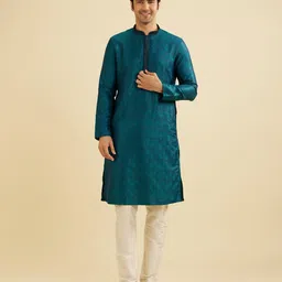 Manyavar Woven Design Mandarin Collar Straight Kurta With Pyjama-image-13