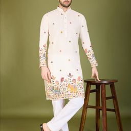 ODETTE Men Geometric Embroidered Flared Sleeves Thread Work Kurta-image-5