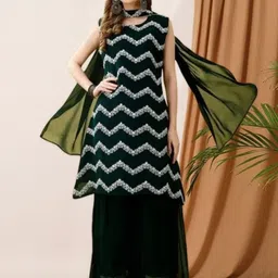 PARROT CREATION Chevron Embroidered Georgette A-Line Kurti With Palazzos And Dupatta-50