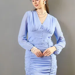 STYLECAST X KASSUALLY Puff Sleeve Ruched Georgette Sheath Dress-image-56