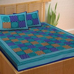 Aura Blue & Brown Ethnic Motifs Printed 144 TC Cotton Queen Bedsheet Set 2.10 m x 2.30 m-image-18