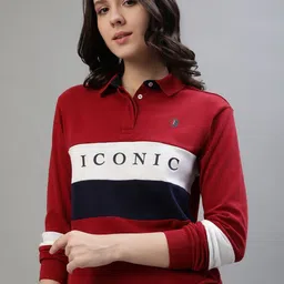 Iconic Women Colourblocked Polo Collar T-shirt-image-56