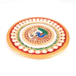 apka mart White & Blue Printed Marble Peacock Design Pooja Thali-image-3