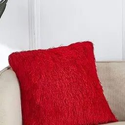 JDX Red 2 Pieces Fur Square-Shaped Microfibre Cushions image 3