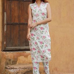 KALINI Floral Printed V-Neck Straight Pure Cotton Kurta With Trousers-26